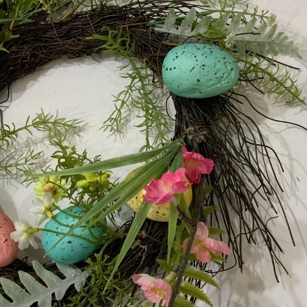 Spring Easter Egg Wreath 22” GrapeVine Stippled Pastel Eggs and Spring Flowers